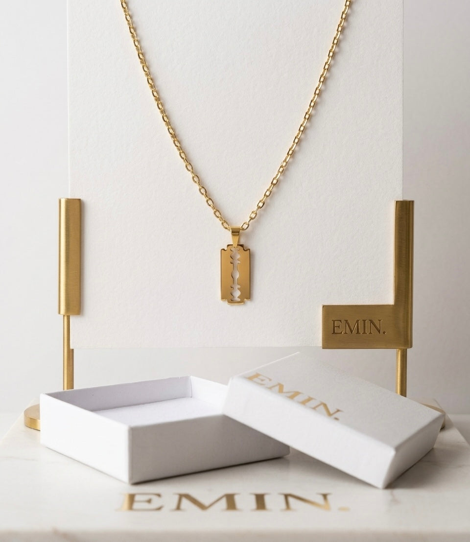 EMIN. Razor Blade Necklace – 18K Gold Plated, full product shot with signature box