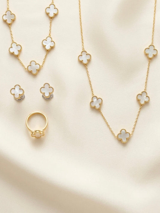 EMIN. White Mother of Pearl Clover ring and earrings detail
