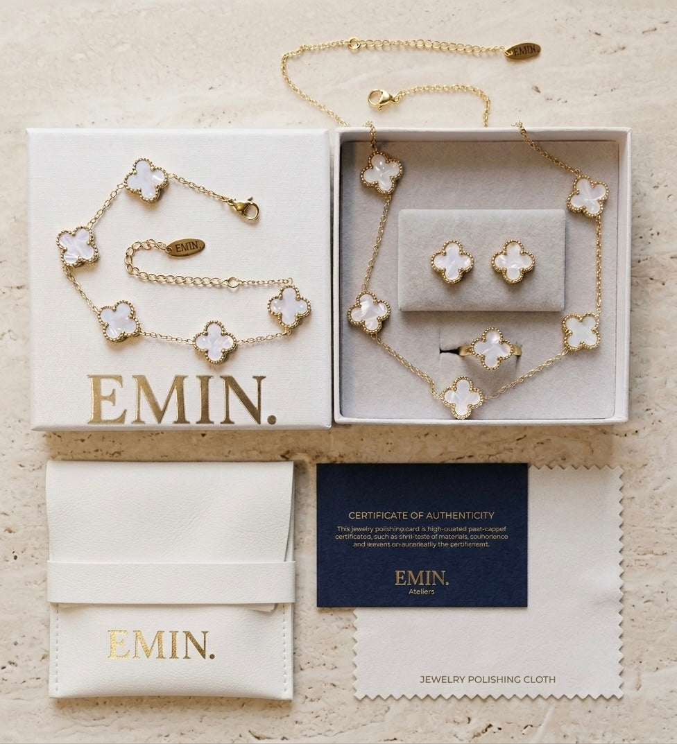 EMIN. White Mother of Pearl Clover Set in signature box with warranty card and cleaning cloth