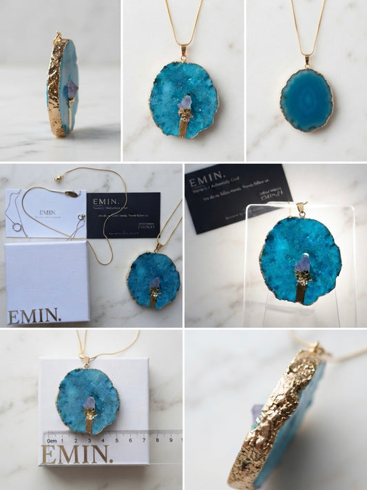 Blue agate slice necklace on gold snake chain