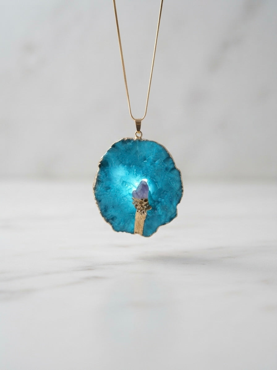 Blue agate slice necklace product collage with EMIN. box and ruler