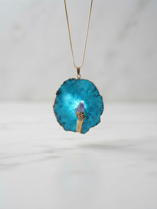 Blue agate slice necklace product collage with EMIN. box and ruler