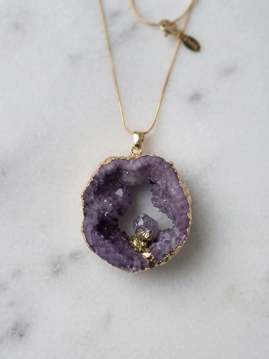 Amethyst geode necklace collage with EMIN. box and close-up details