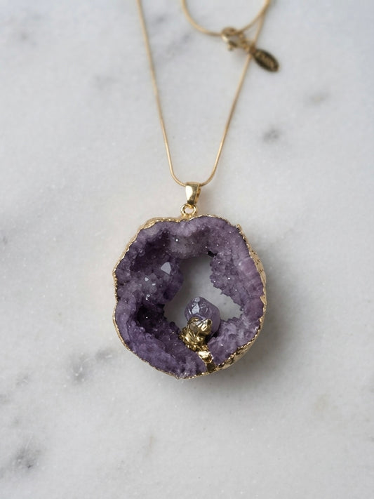 Amethyst geode necklace collage with EMIN. box and close-up details